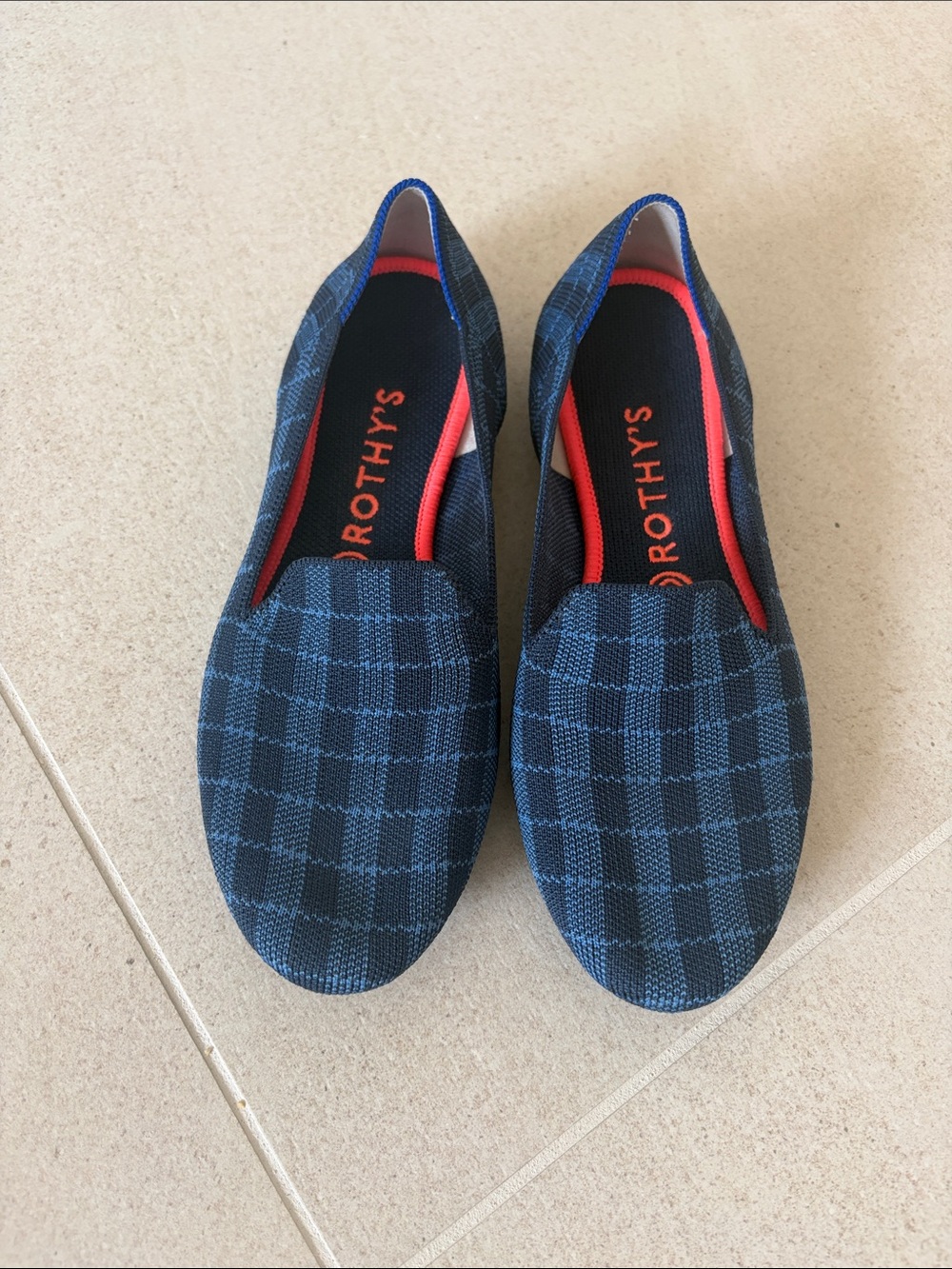 Rothy's Navy Blue Plaid Slip-On Flats